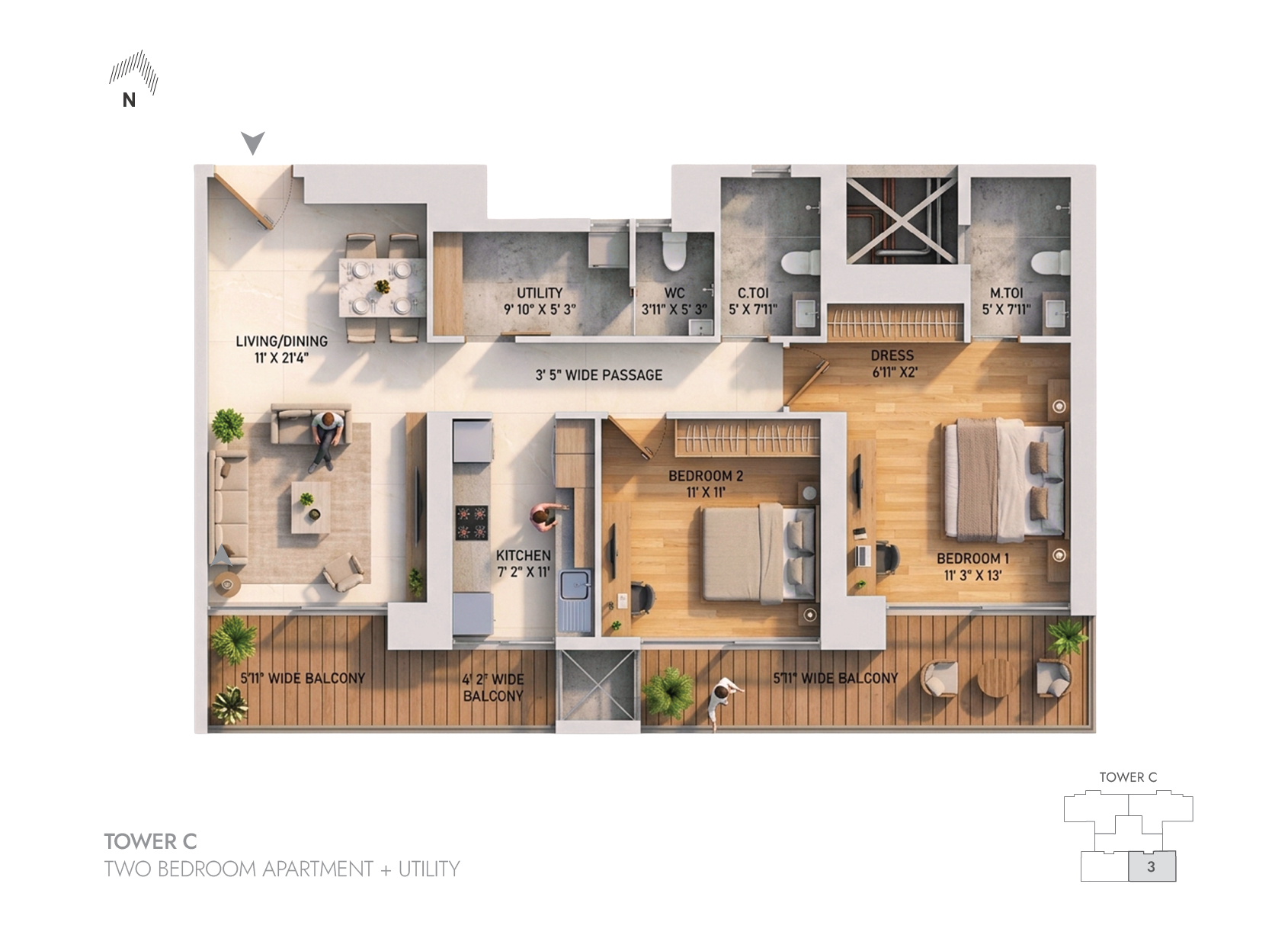 2BHK Tower A - 1 floor plan