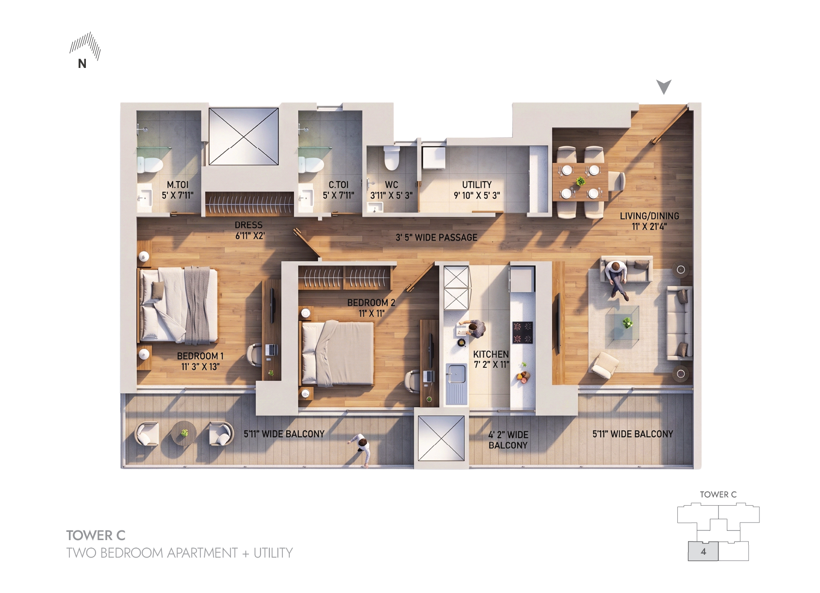 2BHK Tower A - 2 floor plan