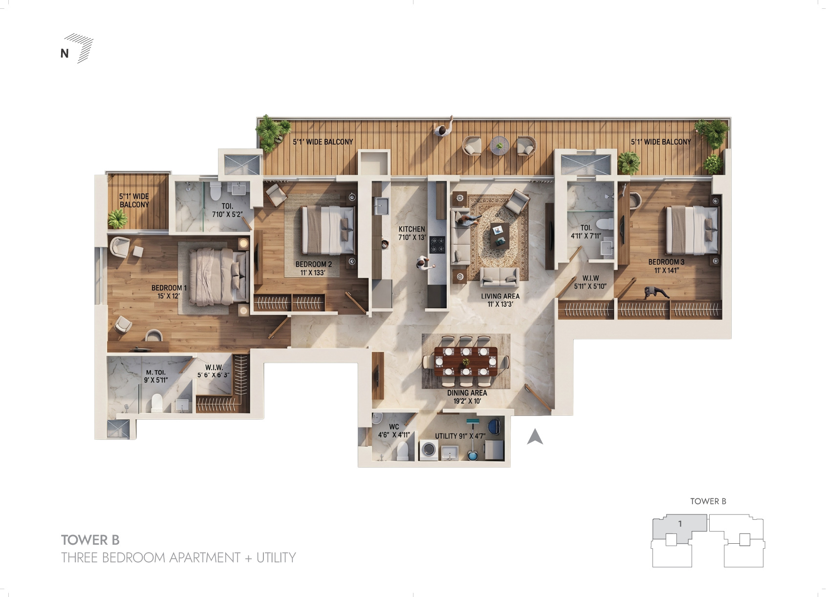 3BHK Tower B - 1 floor plan