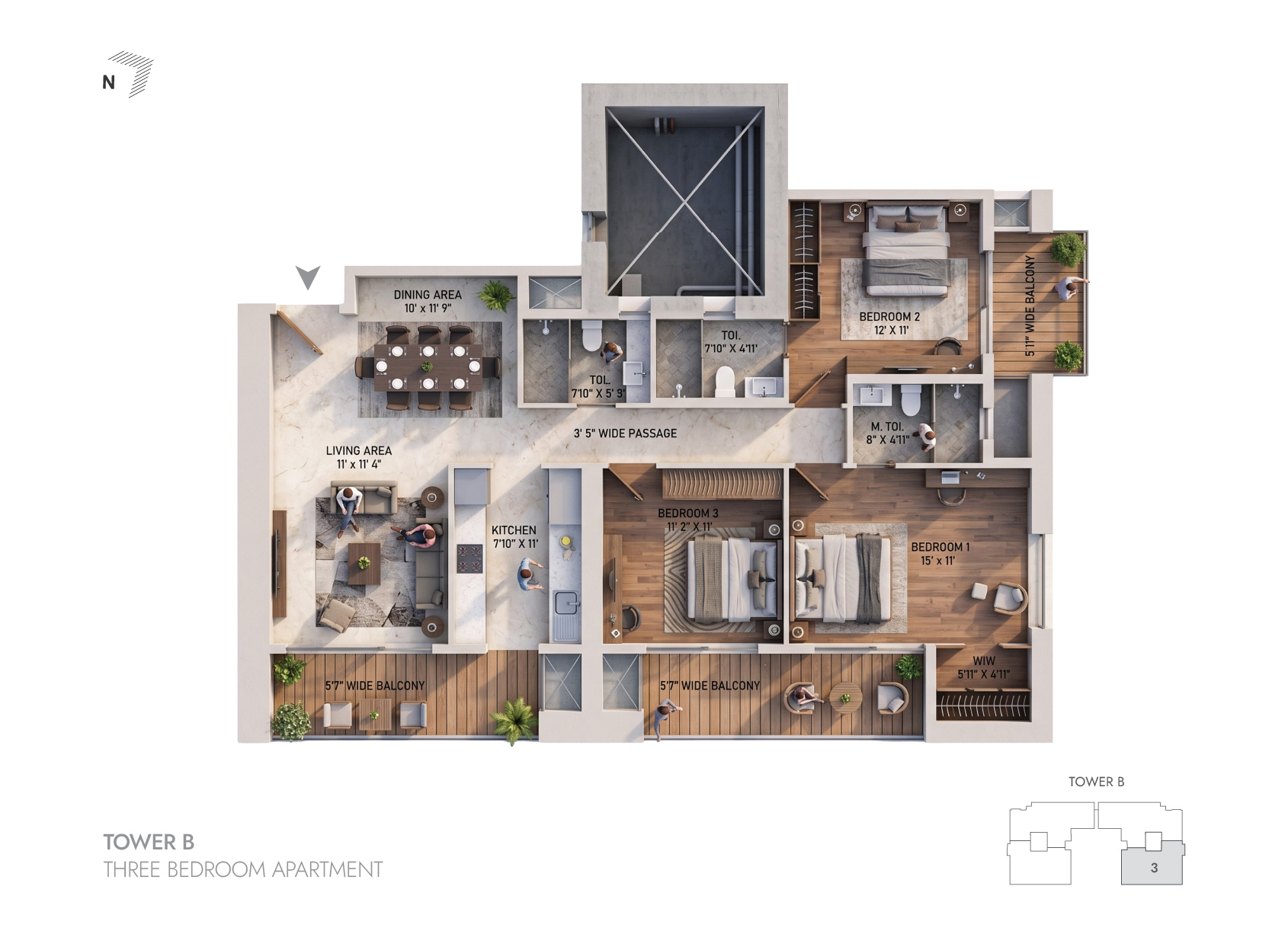 3BHK Tower B - 3 floor plan