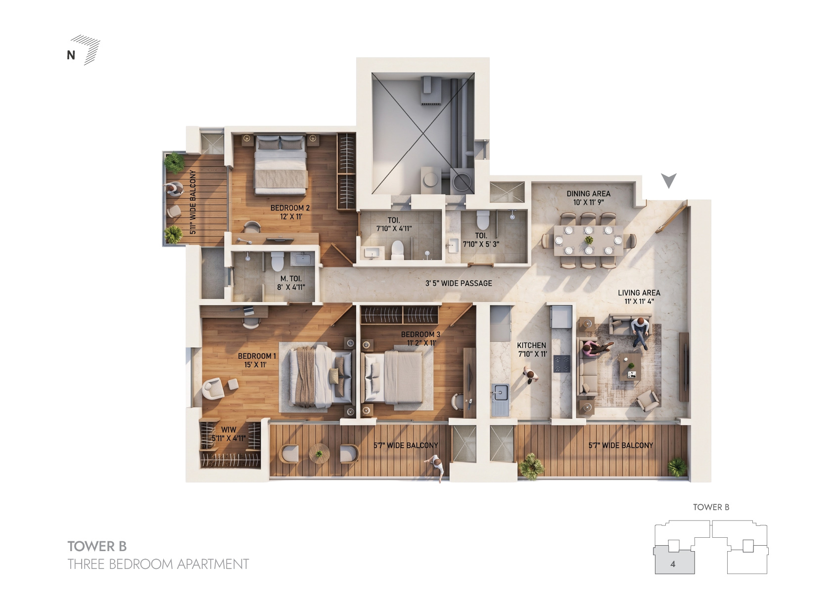 3BHK Tower B - 4 floor plan