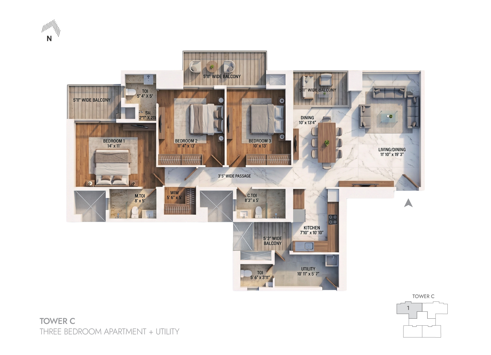 3BHK Tower B - 5 floor plan
