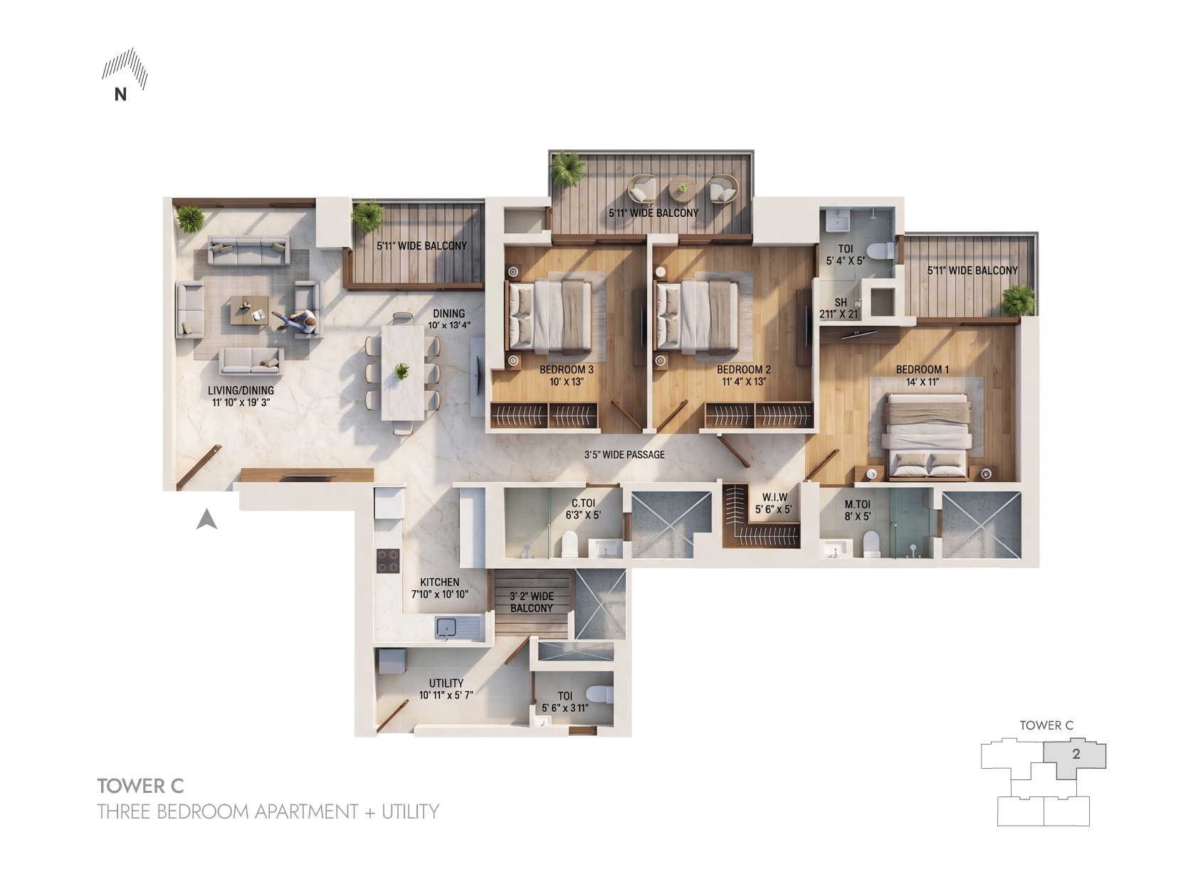 3BHK Tower B - 6 floor plan